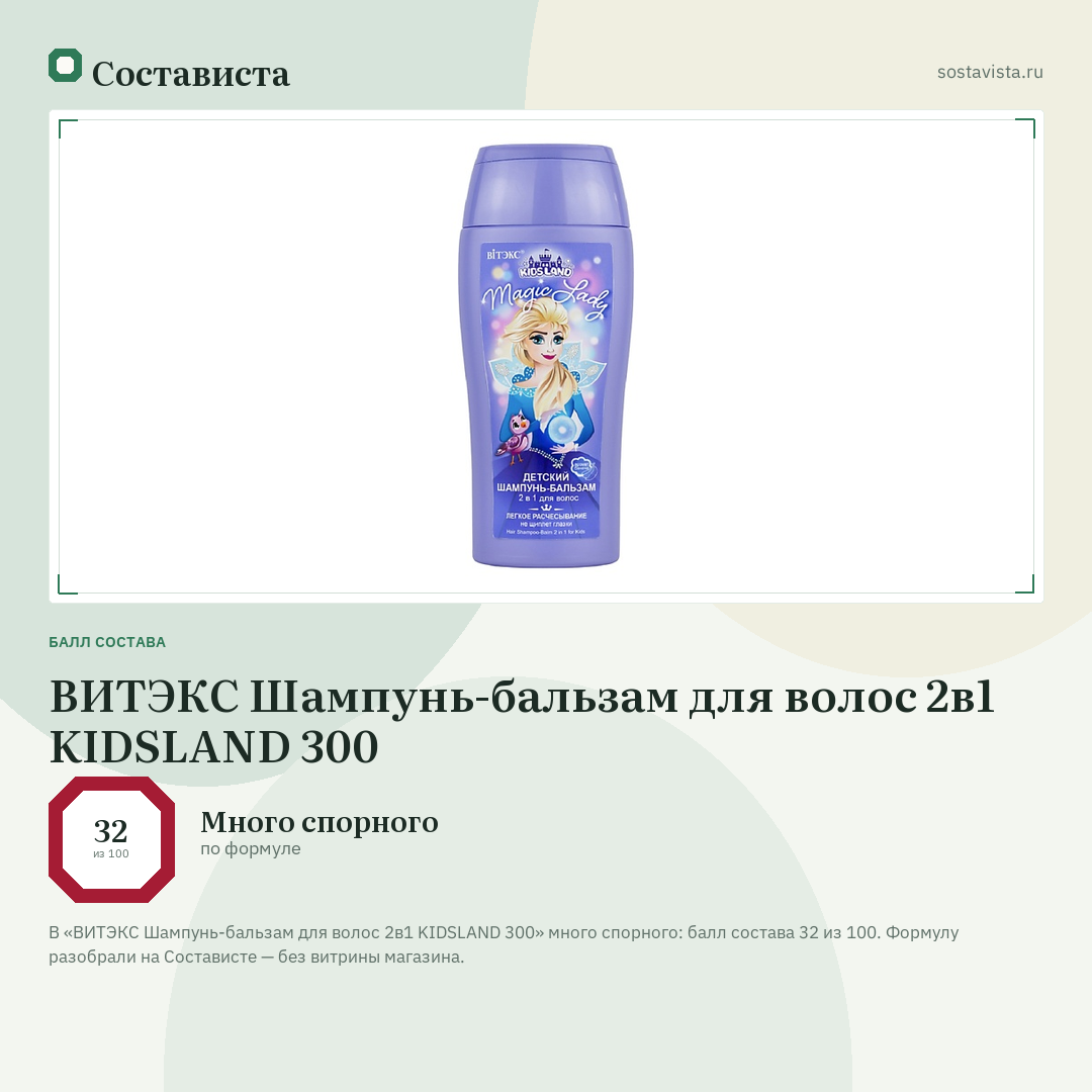 ВИТЭКС Шампунь-бальзам для волос 2в1 KIDSLAND 300: балл состава 32 из 100 — Состависта