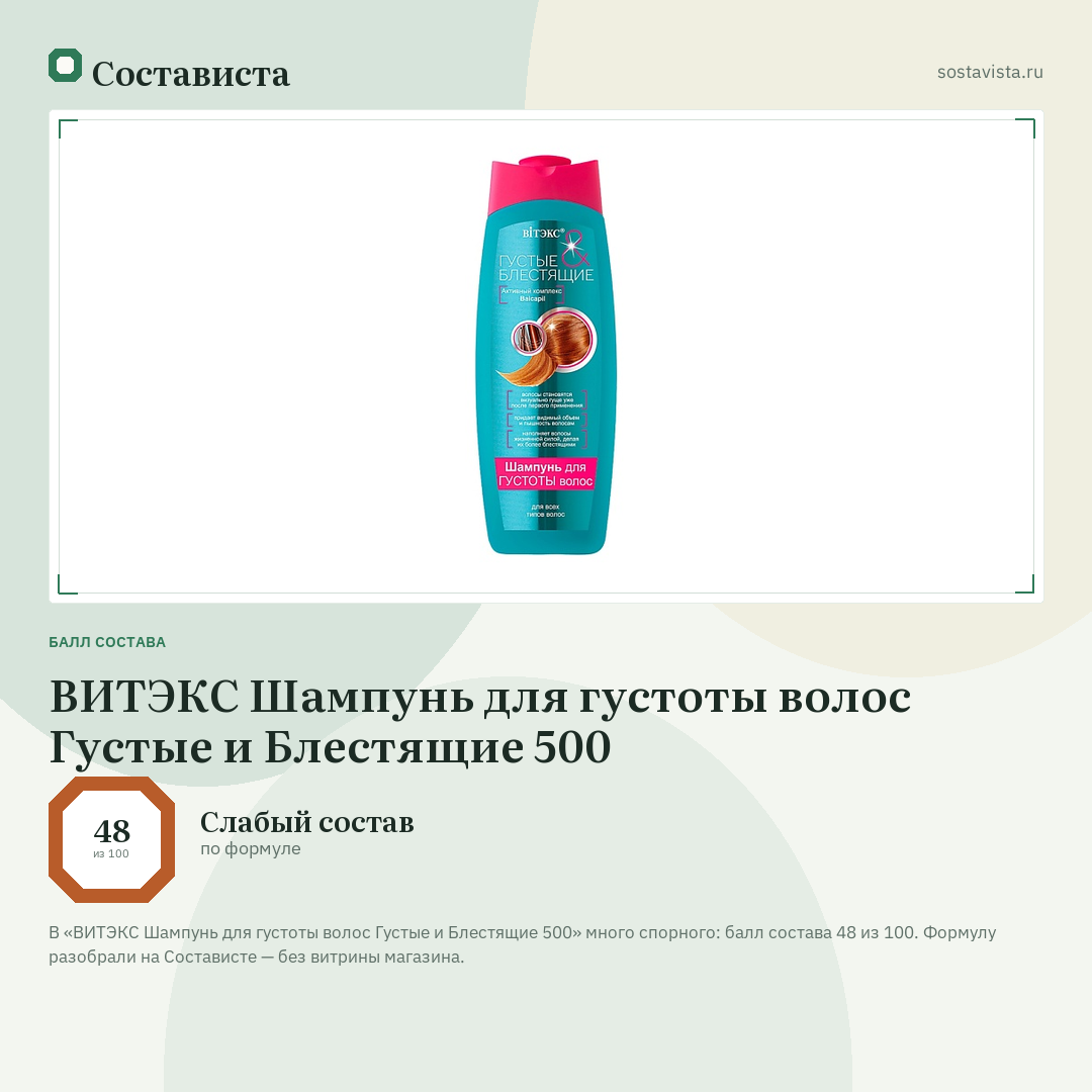 ВИТЭКС Шампунь для густоты волос Густые и Блестящие 500: балл состава 48 из 100 — Состависта