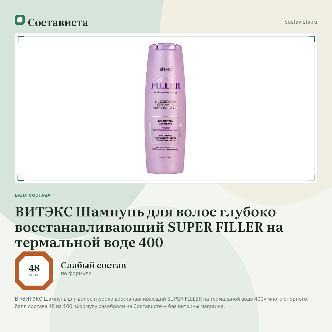 ВИТЭКС Шампунь для волос глубоко восстанавливающий SUPER FILLER на термальной воде 400: балл состава 48 из 100 — Состависта
