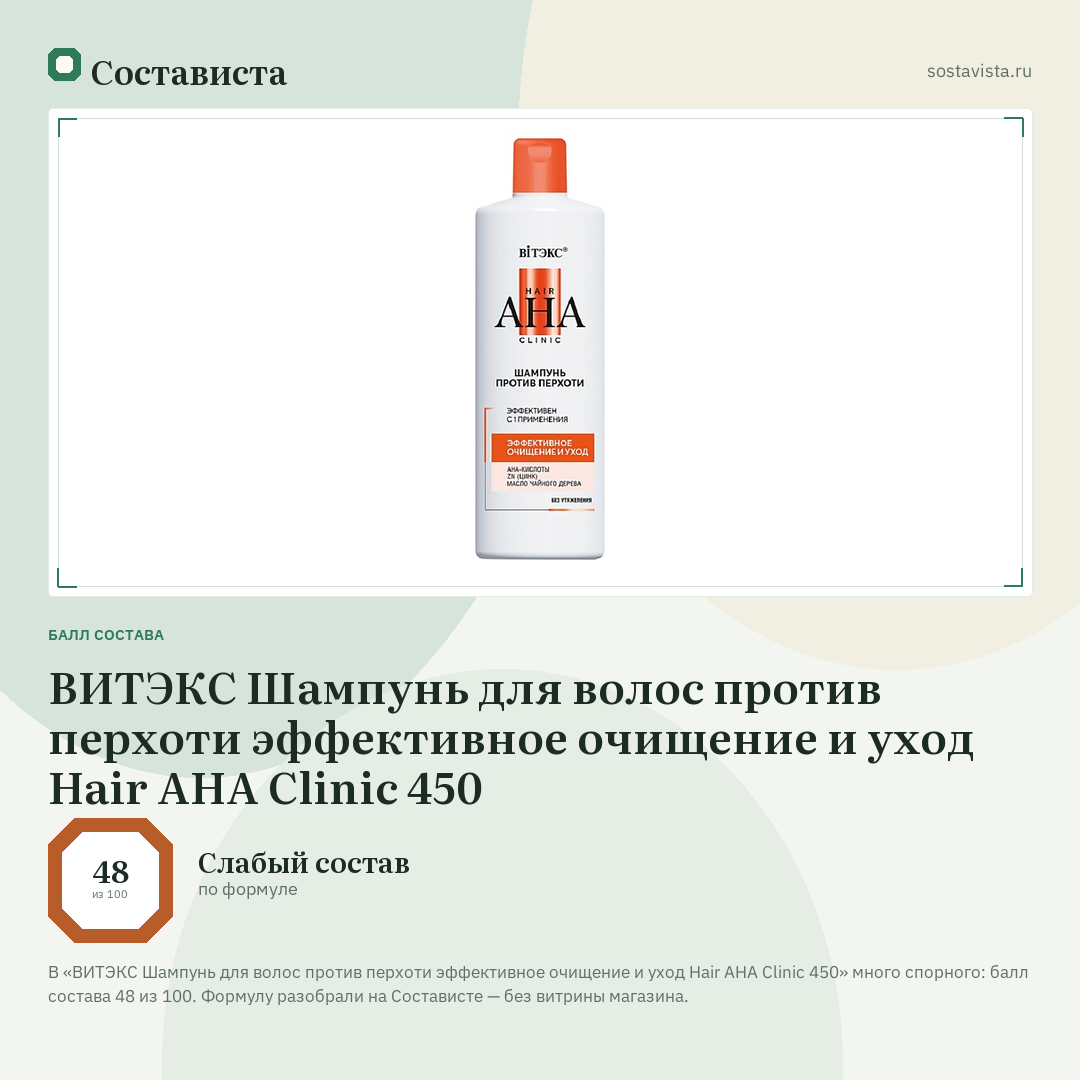 ВИТЭКС Шампунь для волос против перхоти эффективное очищение и уход Hair AHA Clinic 450: балл состава 48 из 100 — Состависта