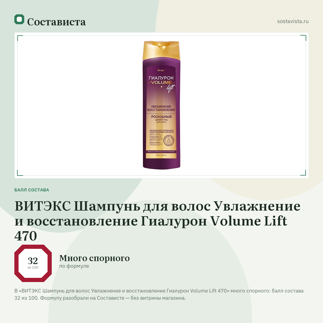ВИТЭКС Шампунь для волос Увлажнение и восстановление Гиалурон Volume Lift 470: балл состава 32 из 100 — Состависта