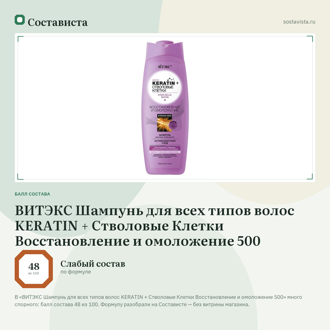 ВИТЭКС Шампунь для всех типов волос KERATIN + Стволовые Клетки Восстановление и омоложение 500: балл состава 48 из 100 — Состависта