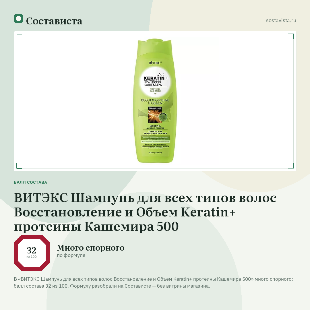 ВИТЭКС Шампунь для всех типов волос Восстановление и Объем Keratin+ протеины Кашемира 500: балл состава 32 из 100 — Состависта