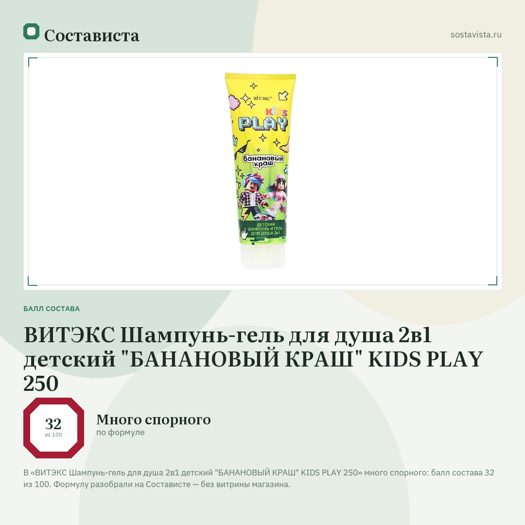 ВИТЭКС Шампунь-гель для душа 2в1 детский "БАНАНОВЫЙ КРАШ" KIDS PLAY 250: балл состава 32 из 100 — Состависта