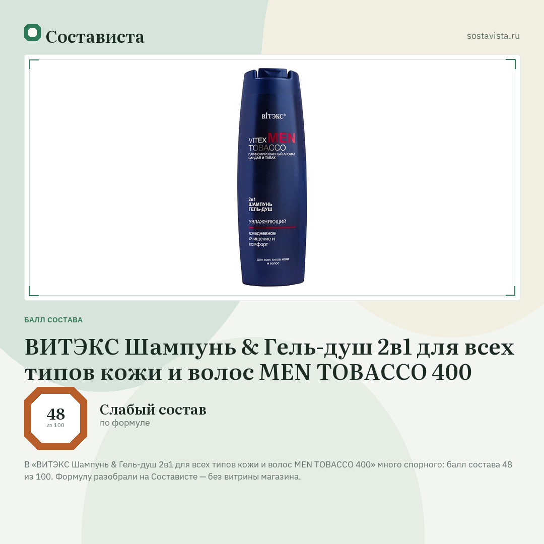 ВИТЭКС Шампунь & Гель-душ 2в1 для всех типов кожи и волос MEN TOBACCO 400: балл состава 48 из 100 — Состависта