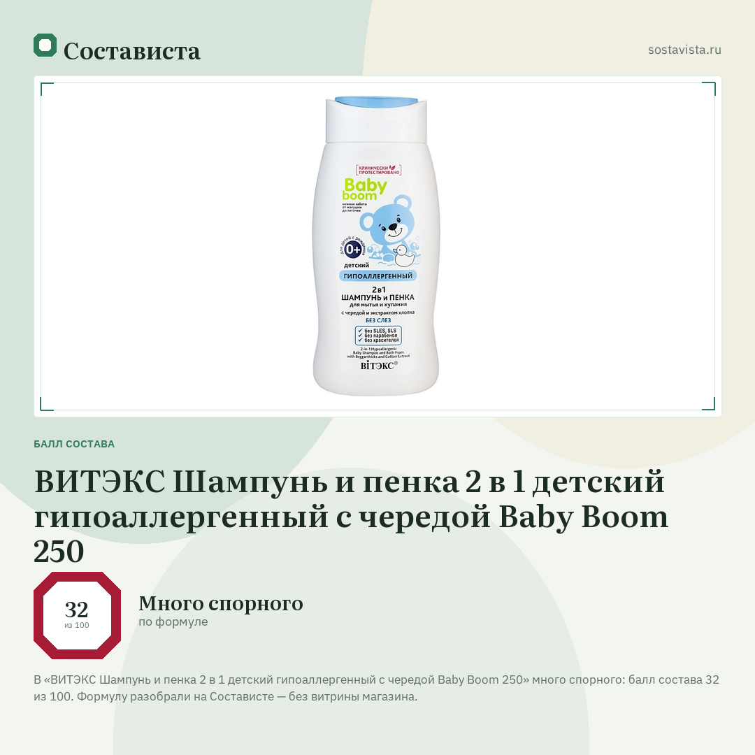 ВИТЭКС Шампунь и пенка 2 в 1 детский гипоаллергенный с чередой Baby Boom 250: балл состава 32 из 100 — Состависта
