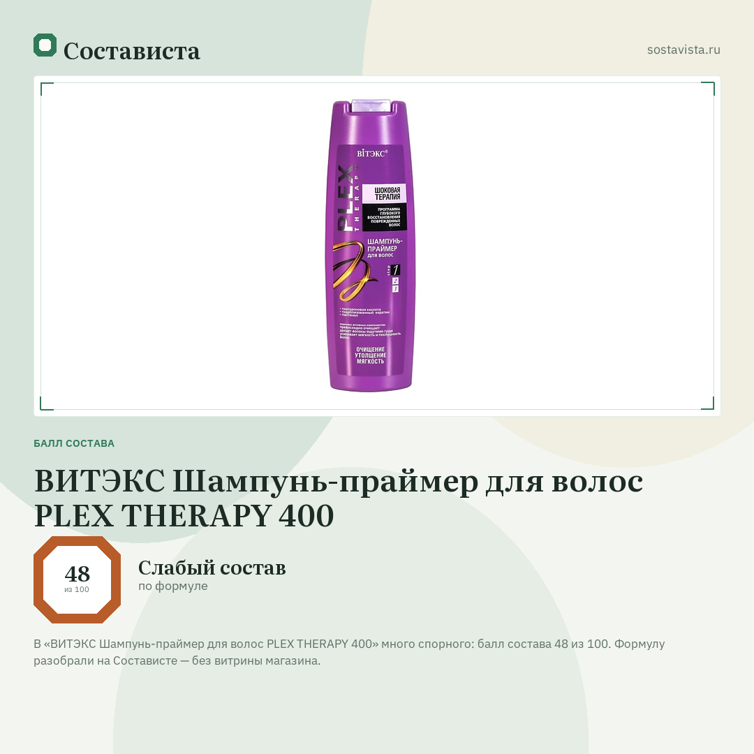 ВИТЭКС Шампунь-праймер для волос PLEX THERAPY 400: балл состава 48 из 100 — Состависта