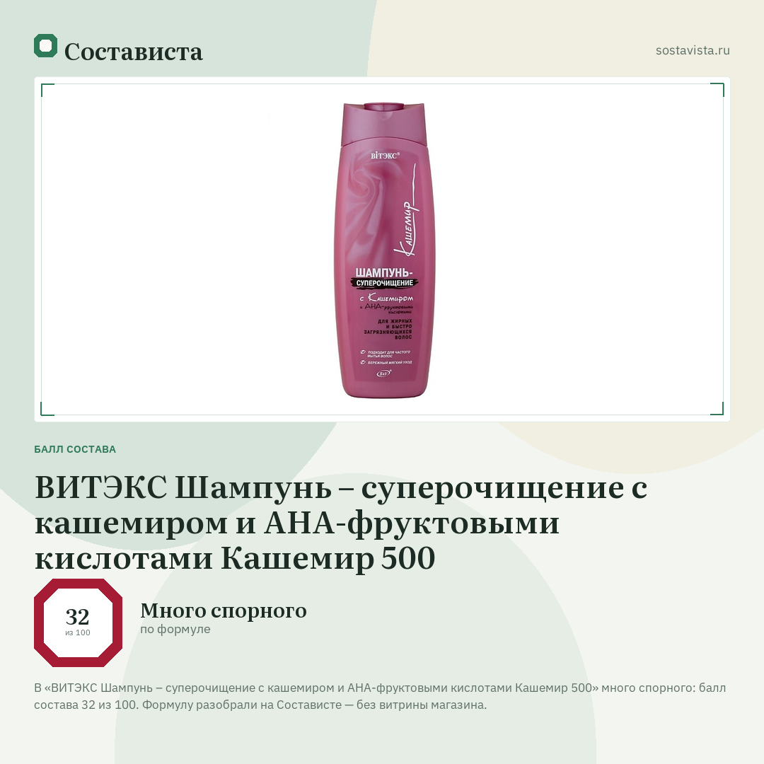 ВИТЭКС Шампунь – суперочищение с кашемиром и АНА-фруктовыми кислотами Кашемир 500: балл состава 32 из 100 — Состависта