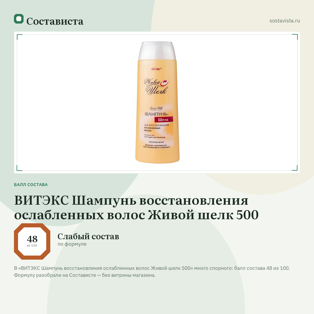ВИТЭКС Шампунь восстановления ослабленных волос Живой шелк 500: балл состава 48 из 100 — Состависта