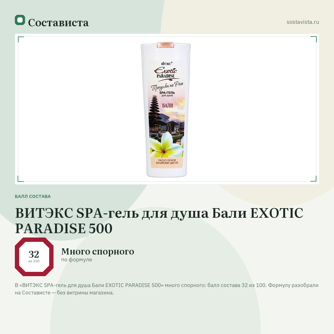 ВИТЭКС SPA-гель для душа Бали EXOTIC PARADISE 500: балл состава 32 из 100 — Состависта