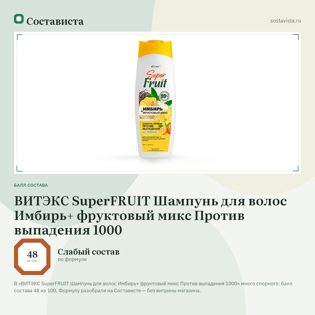 ВИТЭКС SuperFRUIT Шампунь для волос Имбирь+ фруктовый микс Против выпадения 1000: балл состава 48 из 100 — Состависта