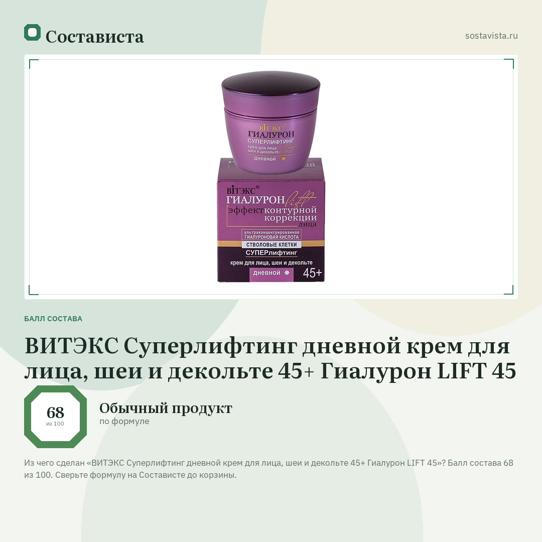 ВИТЭКС Суперлифтинг дневной крем для лица, шеи и декольте 45+ Гиалурон LIFT 45: балл состава 68 из 100 — Состависта