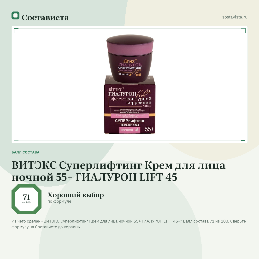 ВИТЭКС Суперлифтинг Крем для лица ночной 55+ ГИАЛУРОН LIFT 45: балл состава 71 из 100 — Состависта