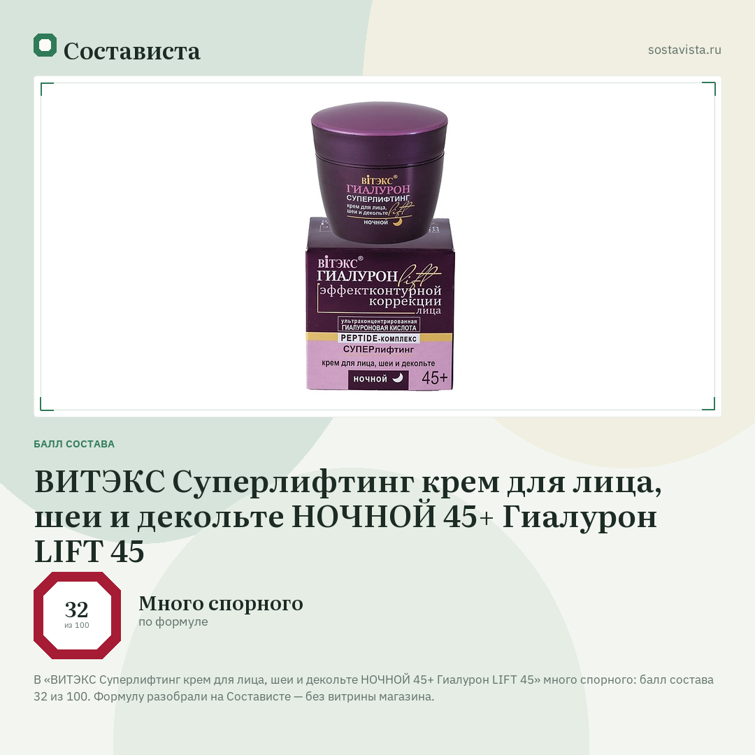 ВИТЭКС Суперлифтинг крем для лица, шеи и декольте НОЧНОЙ 45+ Гиалурон LIFT 45: балл состава 32 из 100 — Состависта