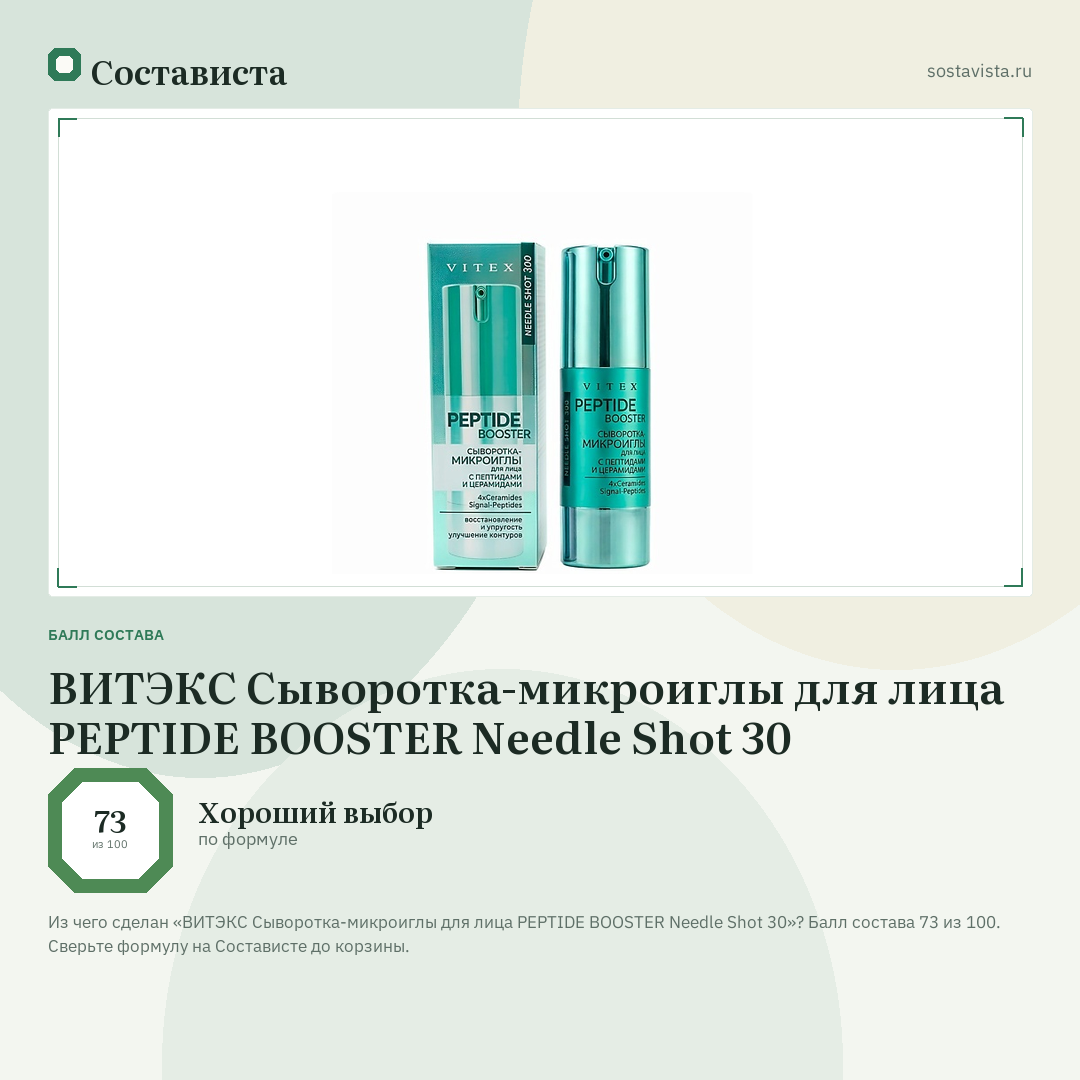 ВИТЭКС Сыворотка-микроиглы для лица PEPTIDE BOOSTER Needle Shot 30: балл состава 73 из 100 — Состависта