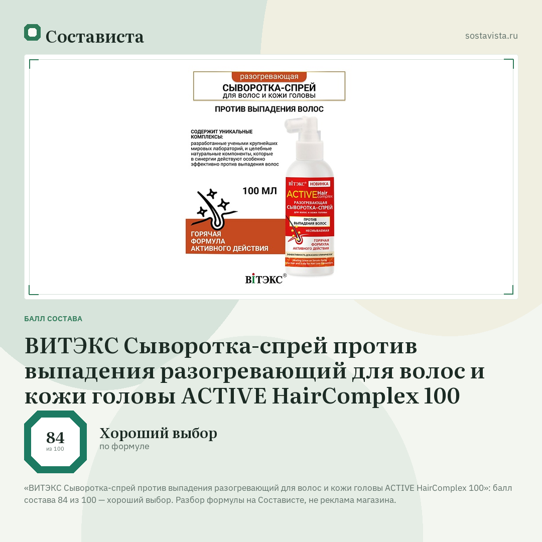 ВИТЭКС Сыворотка-спрей против выпадения разогревающий для волос и кожи головы ACTIVE HairComplex 100: балл состава 84 из 100 — Состависта