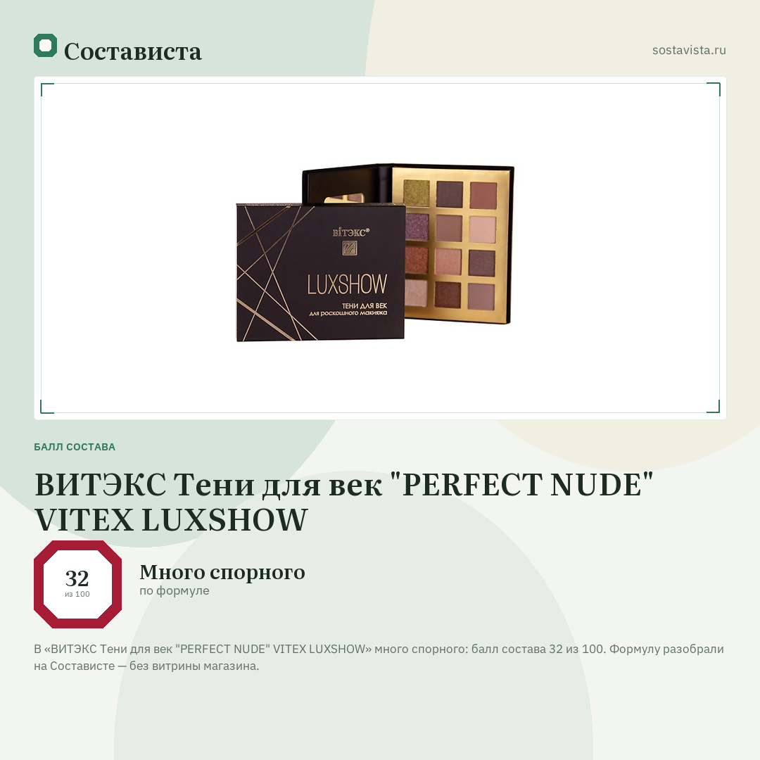 ВИТЭКС Тени для век "PERFECT NUDE" VITEX LUXSHOW: балл состава 32 из 100 — Состависта