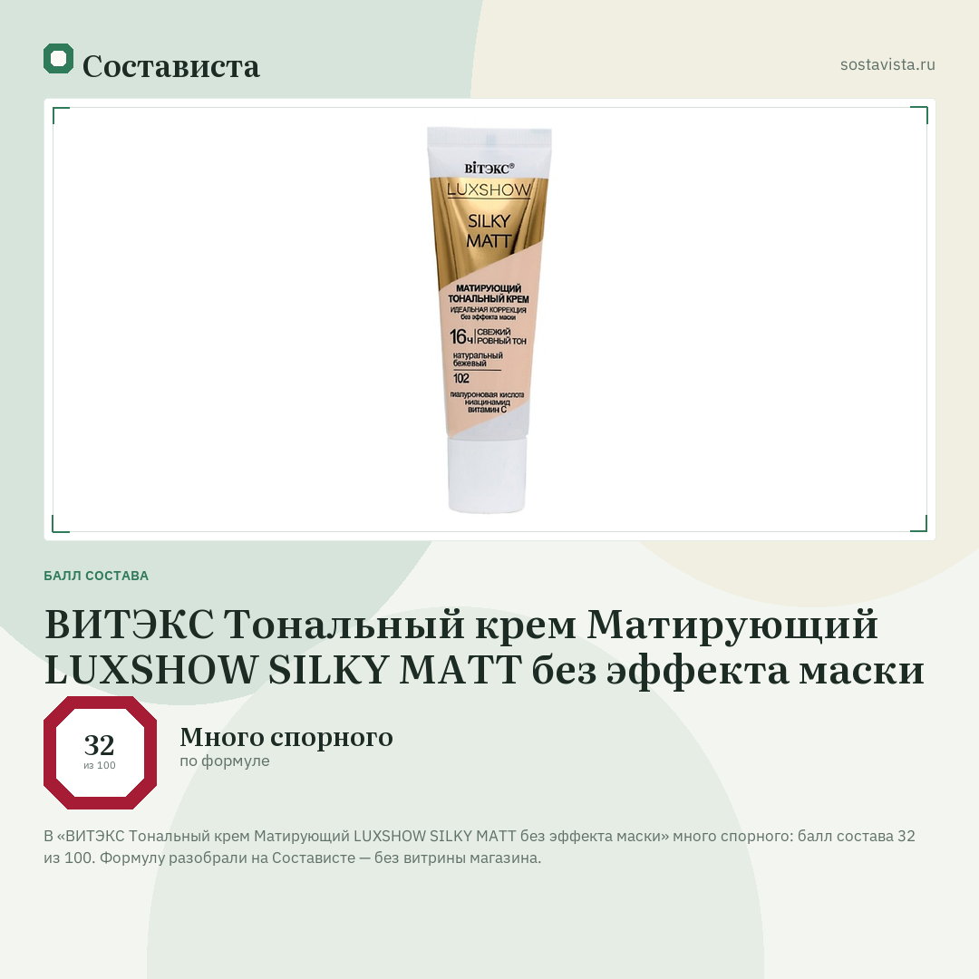 ВИТЭКС Тональный крем Матирующий LUXSHOW SILKY MATT без эффекта маски: балл состава 32 из 100 — Состависта
