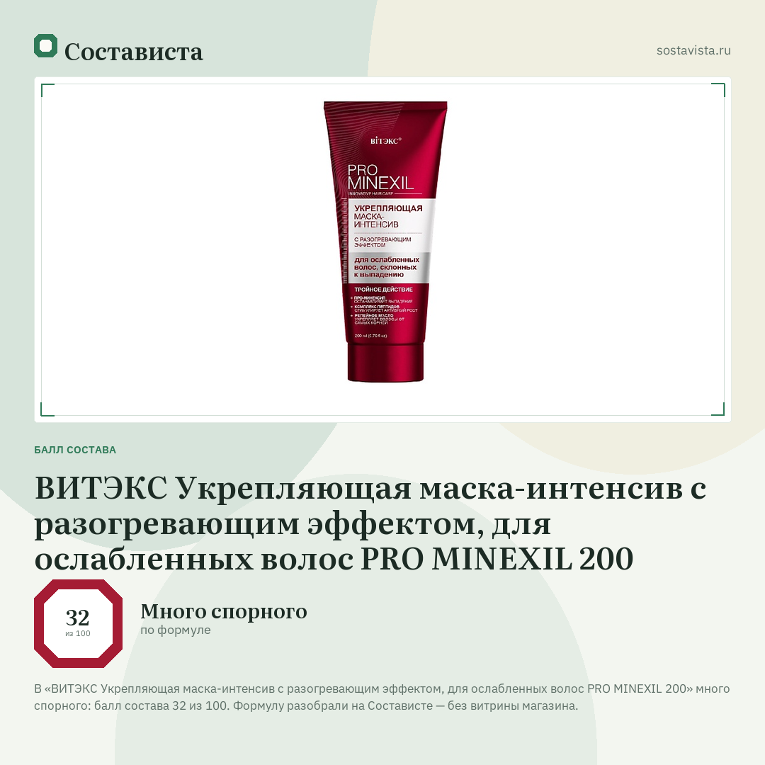 ВИТЭКС Укрепляющая маска-интенсив с разогревающим эффектом, для ослабленных волос PRO MINEXIL 200: балл состава 32 из 100 — Состависта
