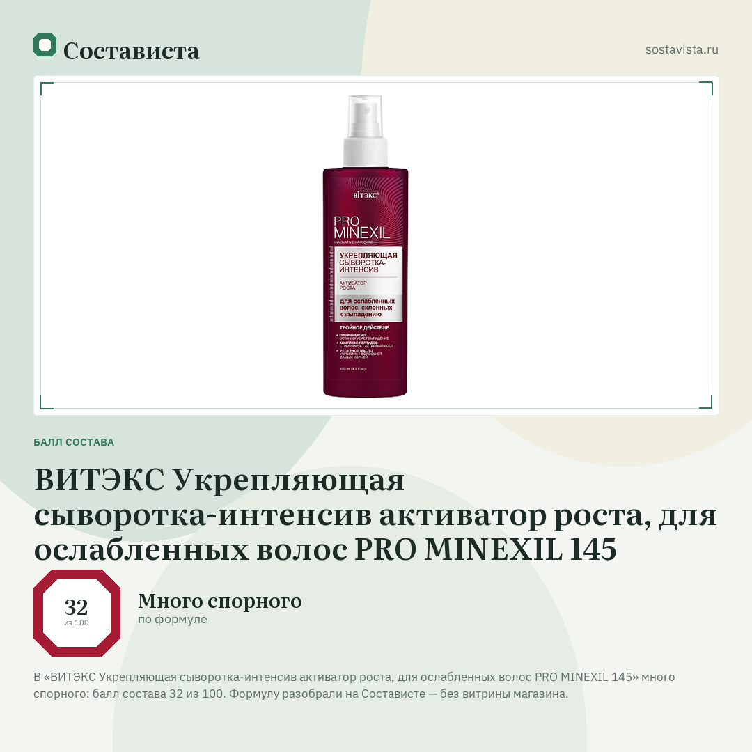 ВИТЭКС Укрепляющая сыворотка-интенсив активатор роста, для ослабленных волос PRO MINEXIL 145: балл состава 32 из 100 — Состависта