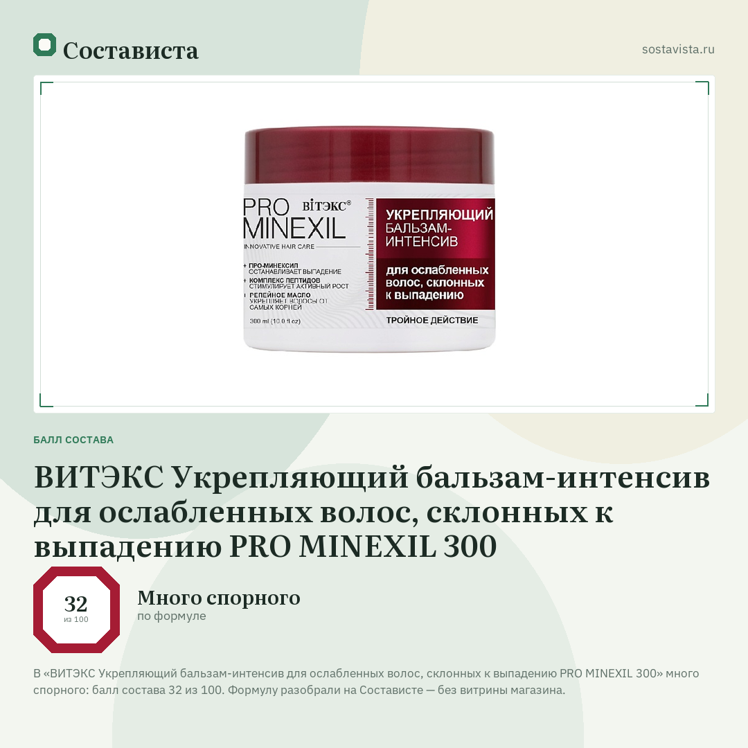 ВИТЭКС Укрепляющий бальзам-интенсив для ослабленных волос, склонных к выпадению PRO MINEXIL 300: балл состава 32 из 100 — Состависта