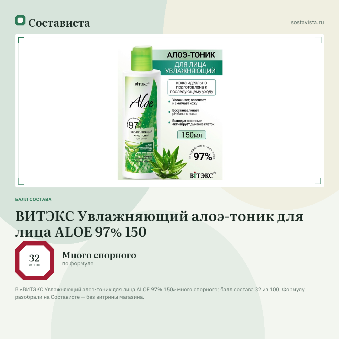 ВИТЭКС Увлажняющий алоэ-тоник для лица ALOE 97% 150: балл состава 32 из 100 — Состависта