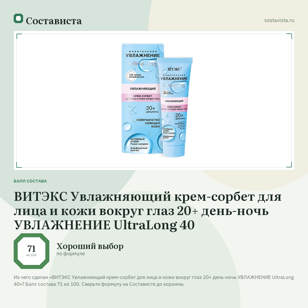 ВИТЭКС Увлажняющий крем-сорбет для лица и кожи вокруг глаз 20+ день-ночь УВЛАЖНЕНИЕ UltraLong 40: балл состава 71 из 100 — Состависта
