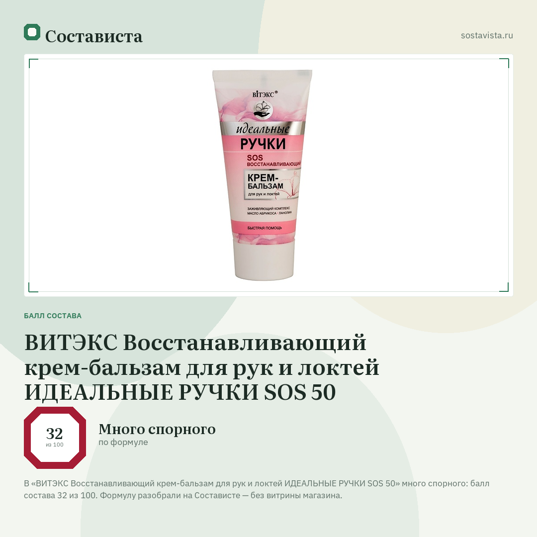 ВИТЭКС Восстанавливающий крем-бальзам для рук и локтей ИДЕАЛЬНЫЕ РУЧКИ SOS 50: балл состава 32 из 100 — Состависта