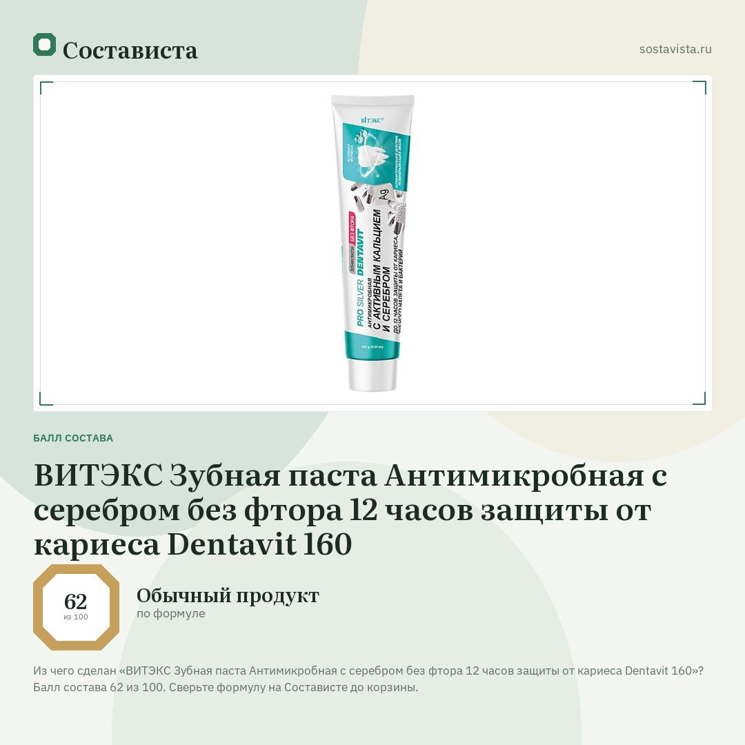 ВИТЭКС Зубная паста Антимикробная с серебром без фтора 12 часов защиты от кариеса Dentavit 160: балл состава 62 из 100 — Состависта