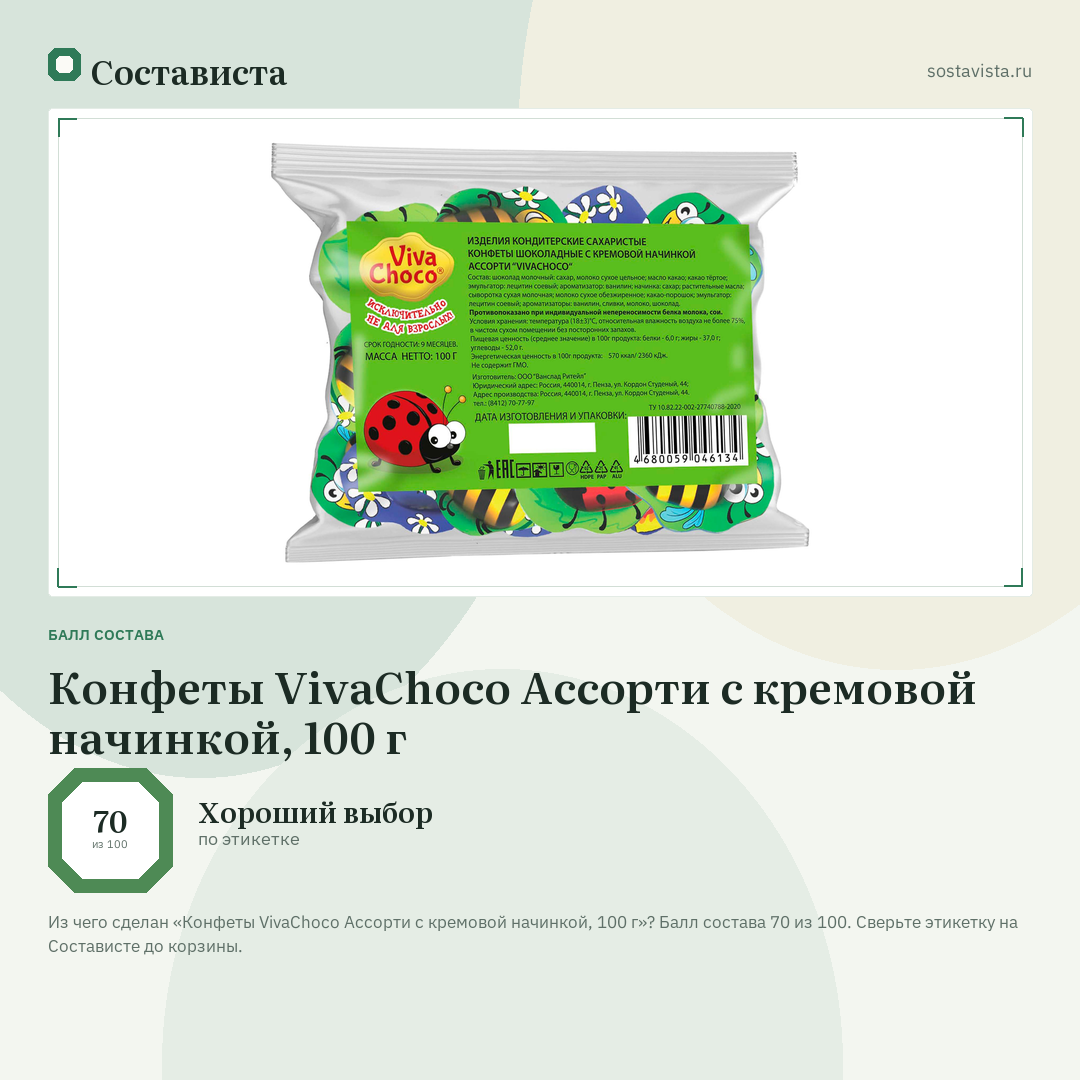 Конфеты VivaChoco Ассорти с кремовой начинкой, 100 г: балл состава 70 из 100 — Состависта