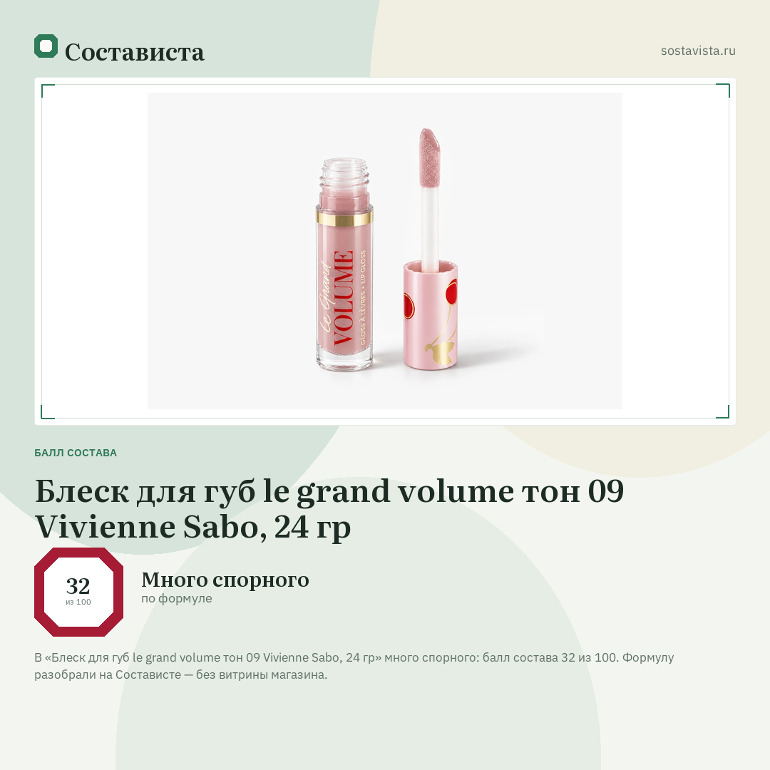 Блеск для губ le grand volume тон 09 Vivienne Sabo, 24 гр: балл состава 32 из 100 — Состависта