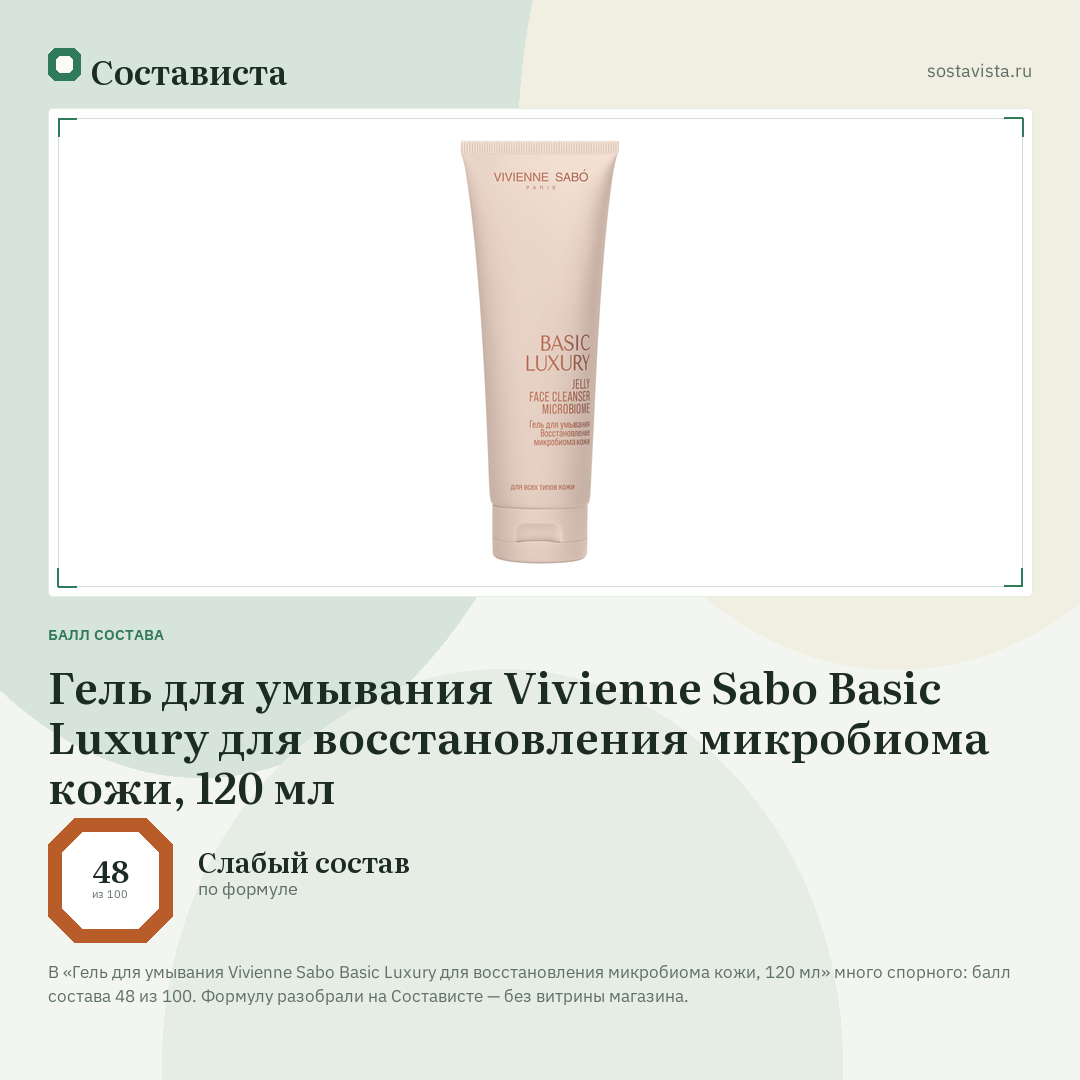 Гель для умывания Vivienne Sabo Basic Luxury для восстановления микробиома кожи, 120 мл: балл состава 48 из 100 — Состависта