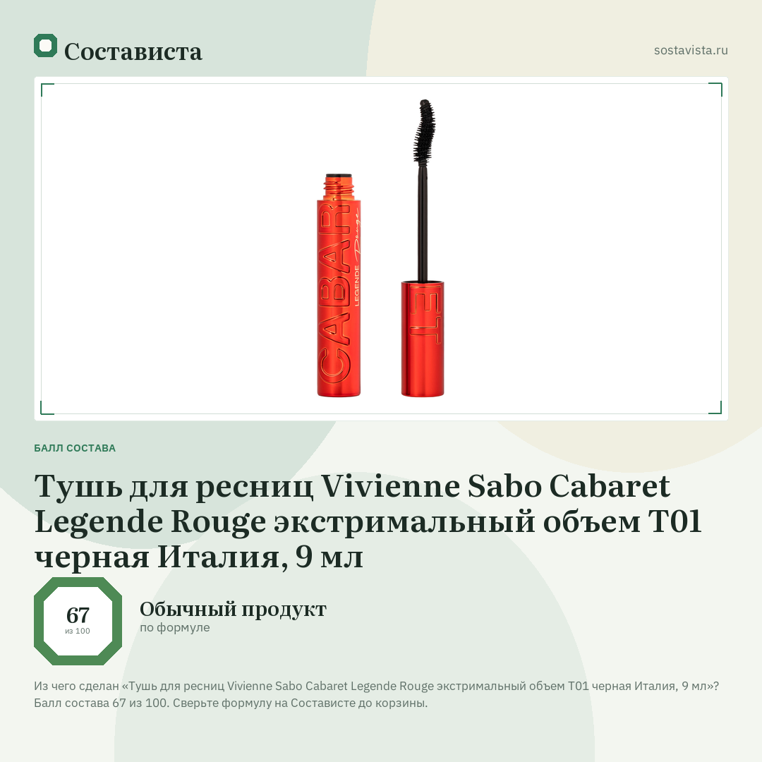 Тушь для ресниц Vivienne Sabo Cabaret Legende Rouge экстримальный объем Т01 черная Италия, 9 мл: балл состава 67 из 100 — Состависта