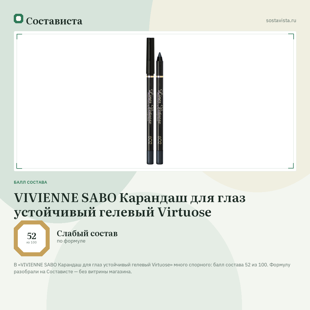 VIVIENNE SABO Карандаш для глаз устойчивый гелевый Virtuose: балл состава 52 из 100 — Состависта