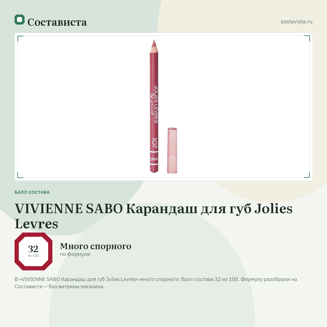 VIVIENNE SABO Карандаш для губ Jolies Levres: балл состава 32 из 100 — Состависта
