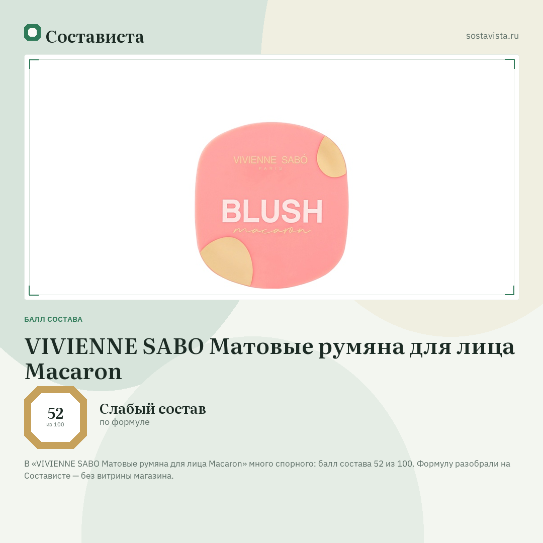 VIVIENNE SABO Матовые румяна для лица Macaron: балл состава 52 из 100 — Состависта