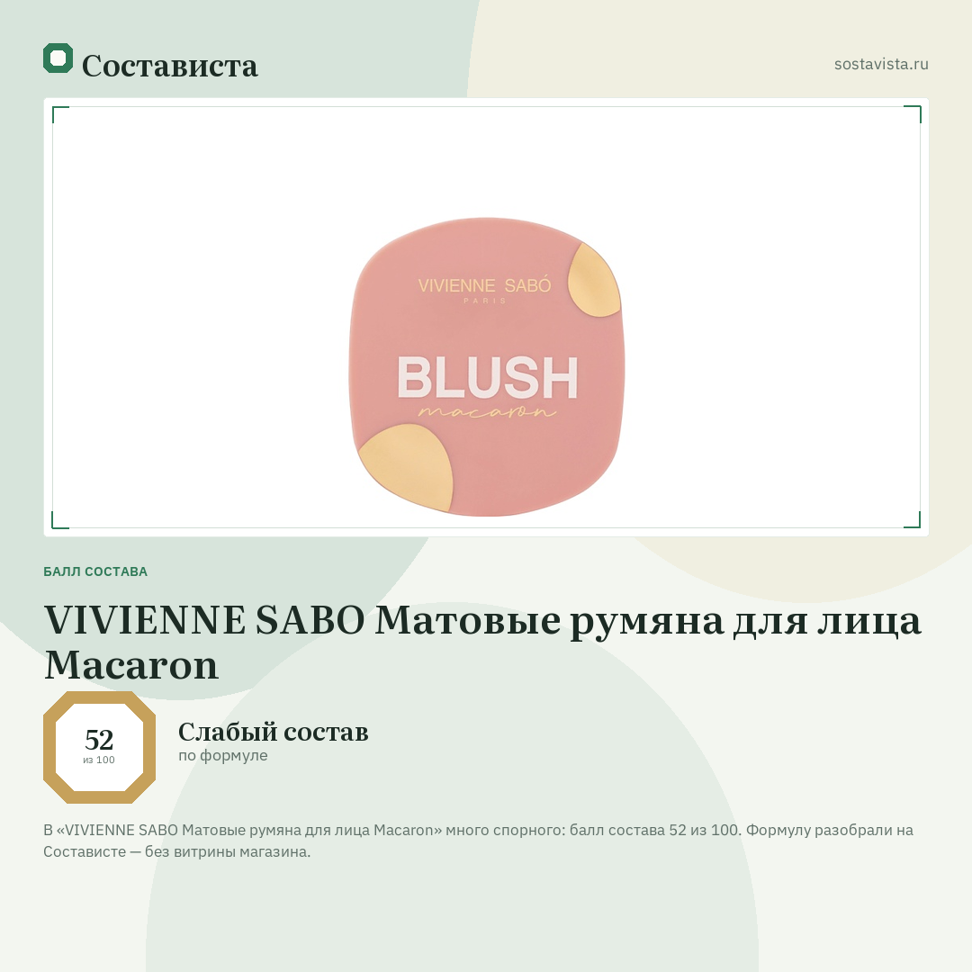VIVIENNE SABO Матовые румяна для лица Macaron: балл состава 52 из 100 — Состависта