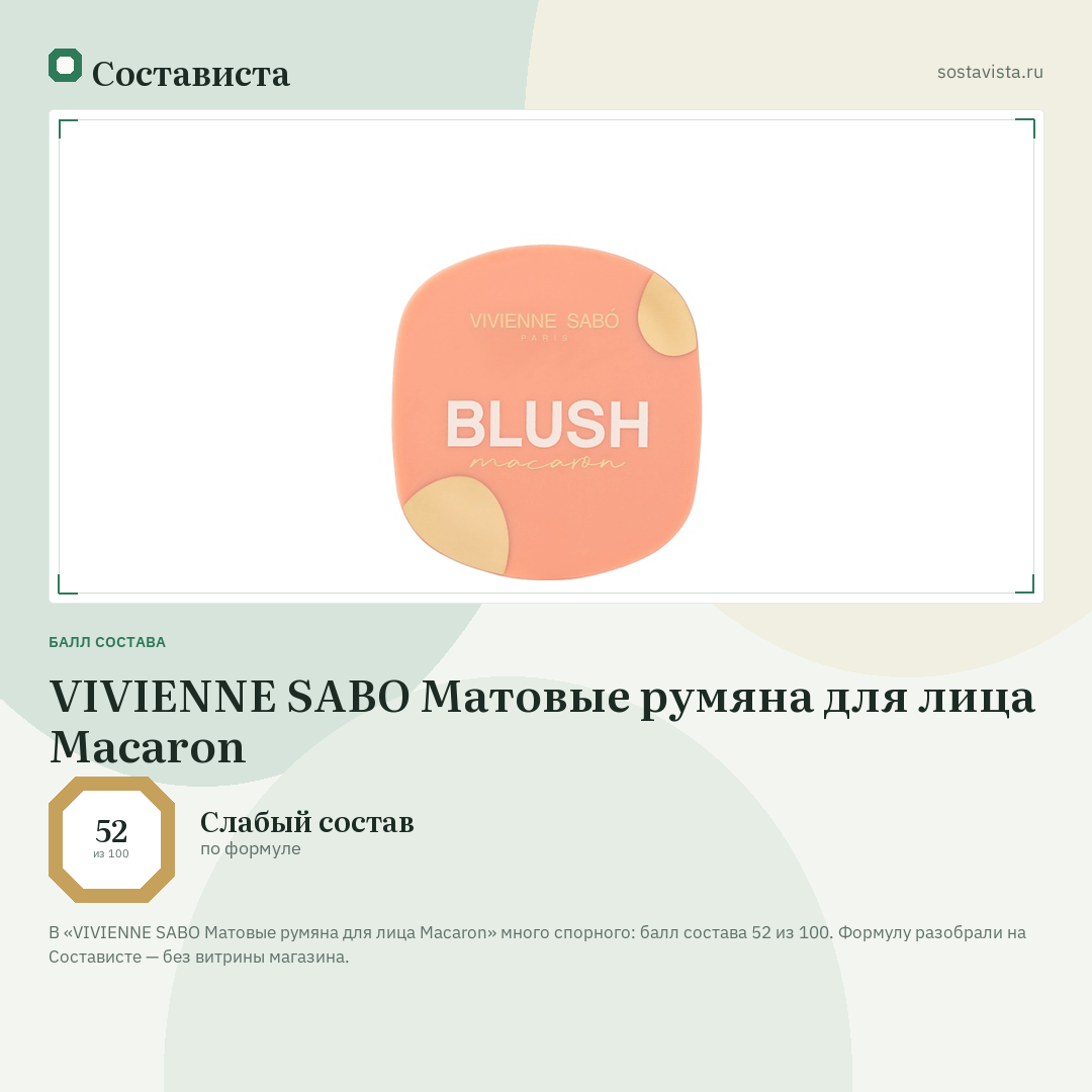 VIVIENNE SABO Матовые румяна для лица Macaron: балл состава 52 из 100 — Состависта