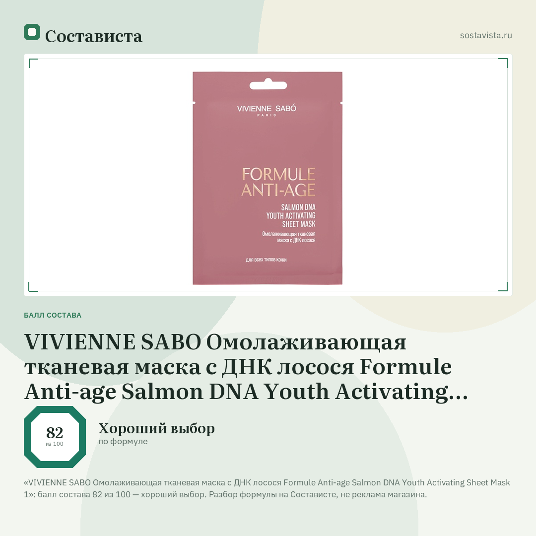VIVIENNE SABO Омолаживающая тканевая маска с ДНК лосося Formule Anti-age Salmon DNA Youth Activating Sheet Mask 1: балл состава 82 из 100 — Состависта