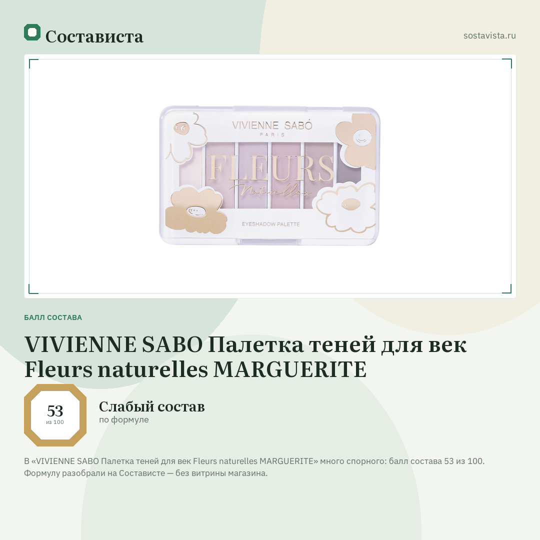 VIVIENNE SABO Палетка теней для век Fleurs naturelles MARGUERITE: балл состава 53 из 100 — Состависта
