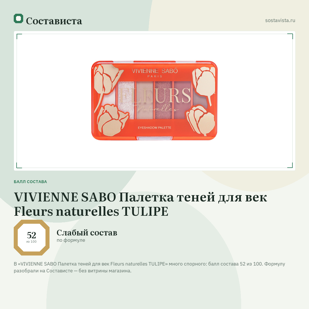VIVIENNE SABO Палетка теней для век Fleurs naturelles TULIPE: балл состава 52 из 100 — Состависта