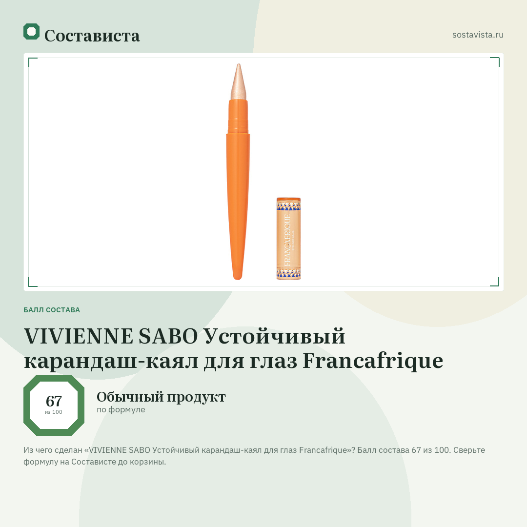 VIVIENNE SABO Устойчивый карандаш-каял для глаз Francafrique: балл состава 67 из 100 — Состависта