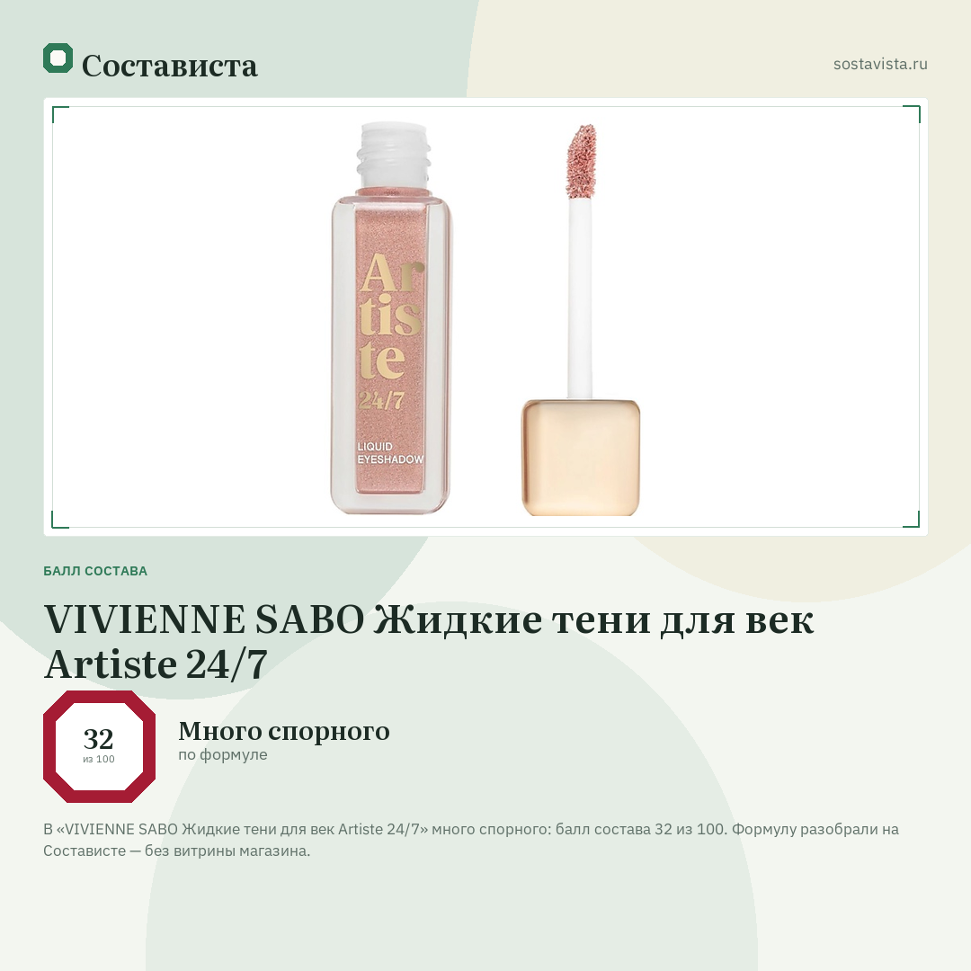 VIVIENNE SABO Жидкие тени для век Artiste 24/7: балл состава 32 из 100 — Состависта