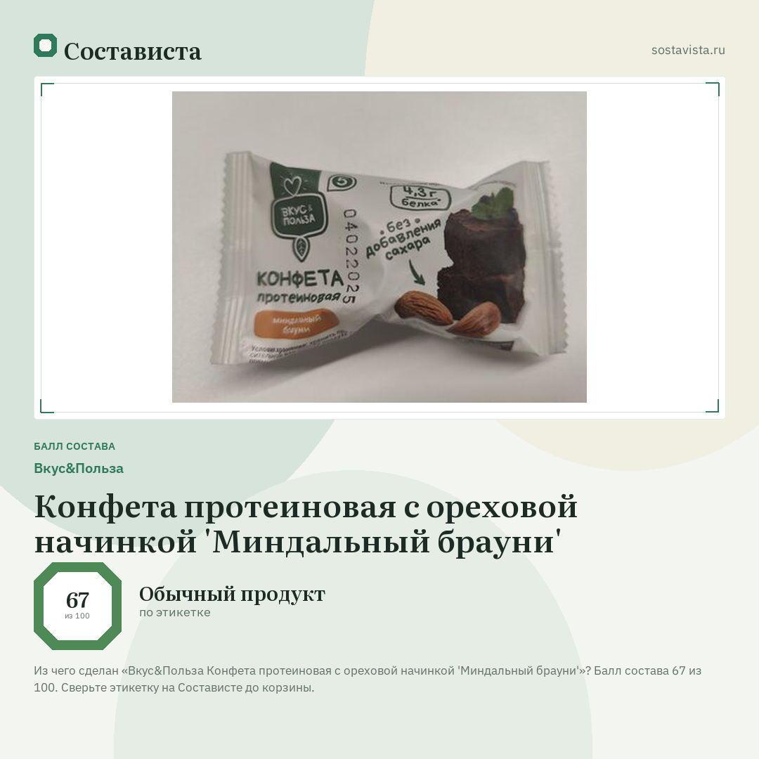 Вкус&Польза Конфета протеиновая с ореховой начинкой 'Миндальный брауни': балл состава 67 из 100 — Состависта