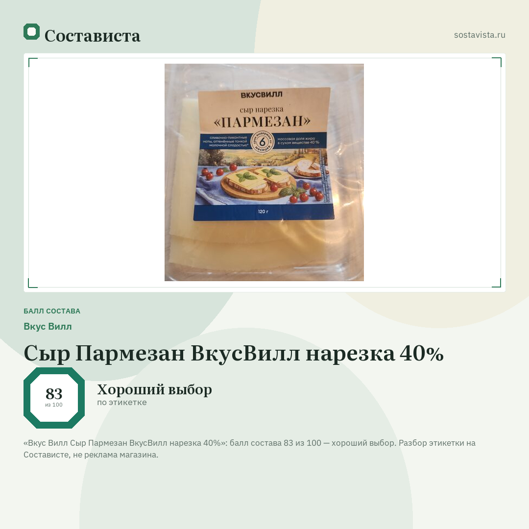 Вкус Вилл Сыр Пармезан ВкусВилл нарезка 40%: балл состава 83 из 100 — Состависта