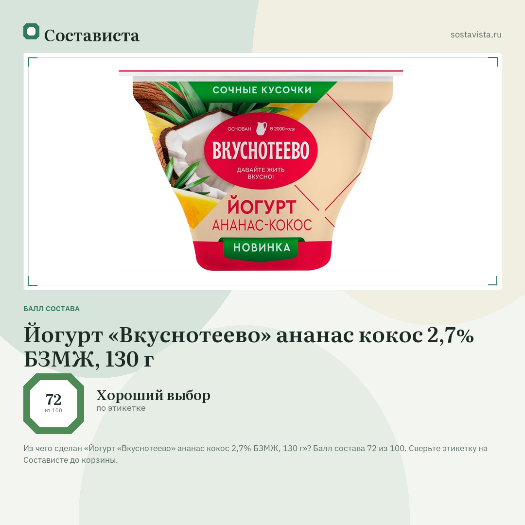 Йогурт «Вкуснотеево» ананас кокос 2,7% БЗМЖ, 130 г: балл состава 72 из 100 — Состависта