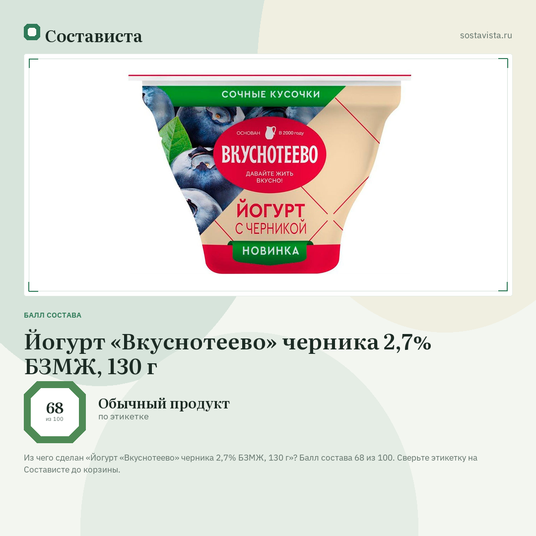 Йогурт «Вкуснотеево» черника 2,7% БЗМЖ, 130 г: балл состава 68 из 100 — Состависта