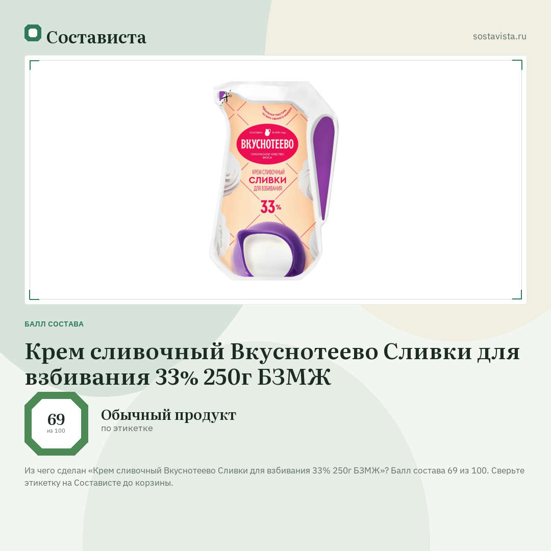 Крем сливочный Вкуснотеево Сливки для взбивания 33% 250г БЗМЖ: балл состава 69 из 100 — Состависта