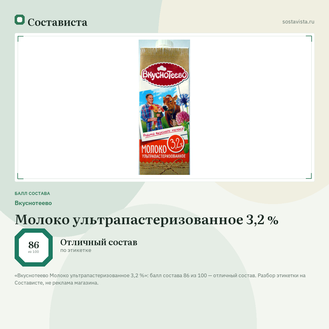 Вкуснотеево Молоко ультрапастеризованное 3,2 %: балл состава 86 из 100 — Состависта