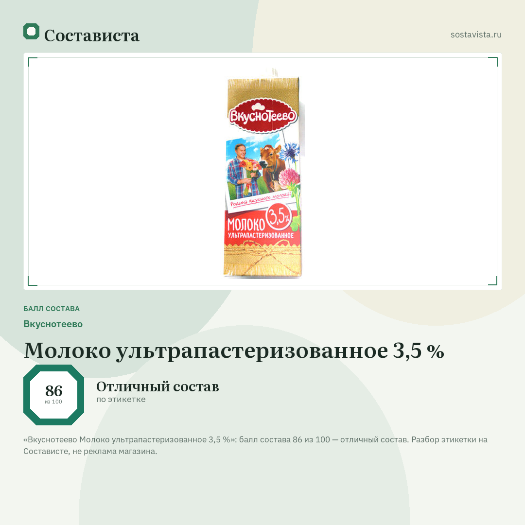 Вкуснотеево Молоко ультрапастеризованное 3,5 %: балл состава 86 из 100 — Состависта